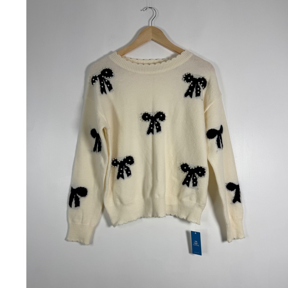 Coquette Girly Cupshe Women S Sweater Ivory Black Bow Pearl Scalloped NWT